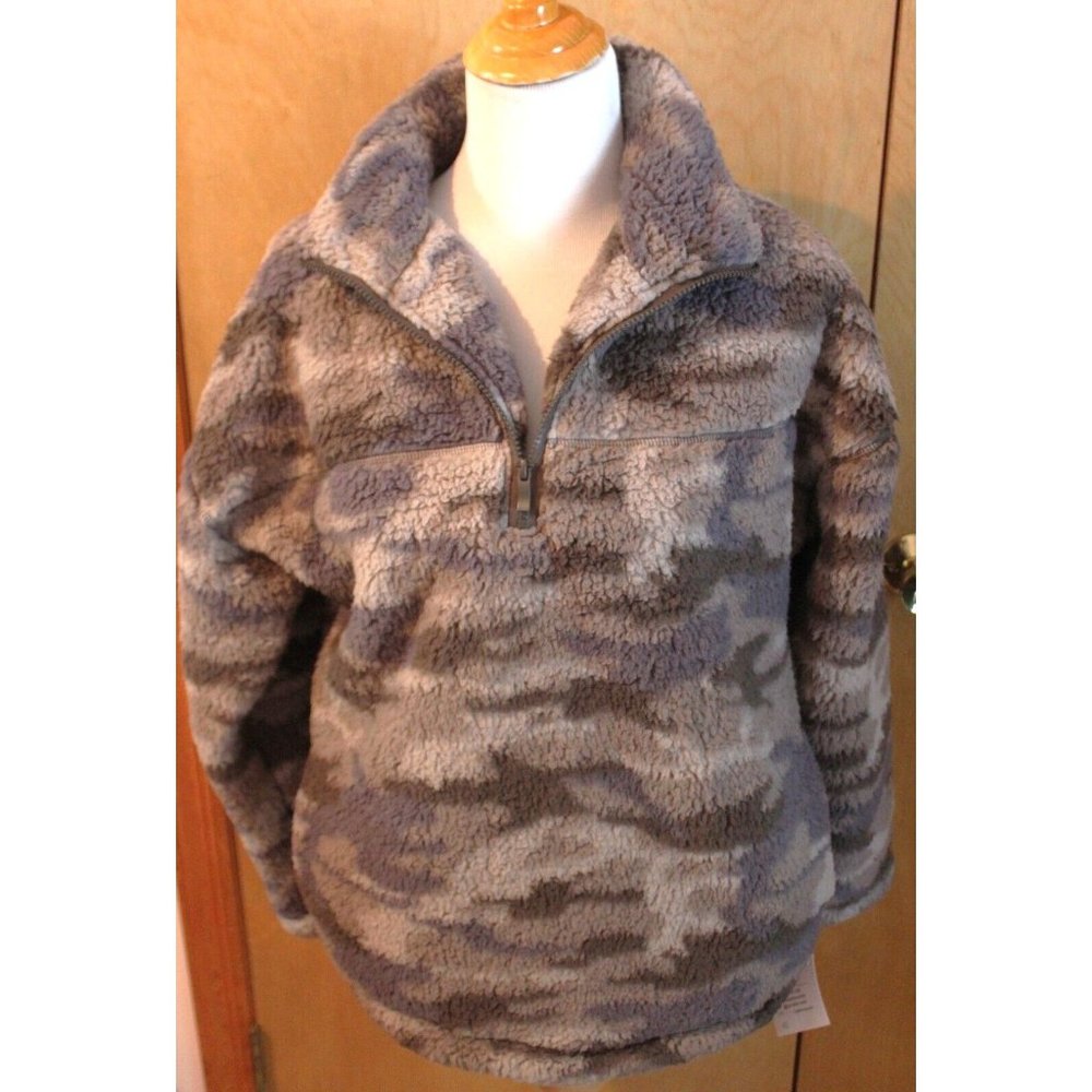 NEW Zenana Women's SMALL Half-Zip Sherpa Fleece Pullover Green Gray Camouflage